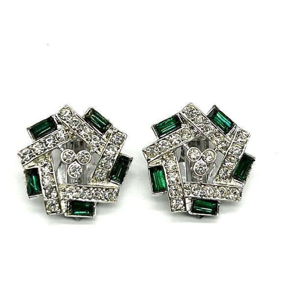 Sarah Coventry Jewelry - Vintage Sarah Coventry Clip-on Earrings Silver Tone Green and Clear
Rhinestones